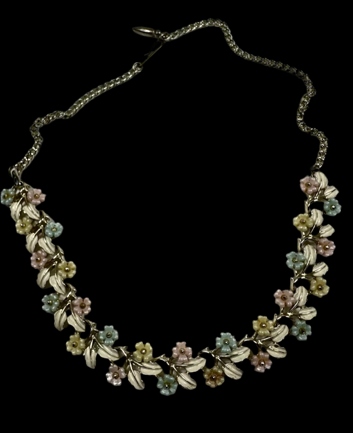 Mid Century Modern floral necklace with pastel enamel over gold toned metal