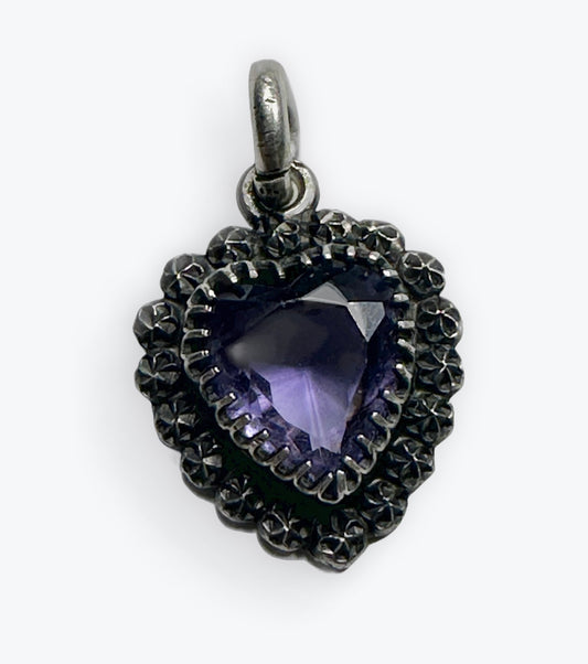 Antique Charles Horner Heart Pendant with rosette details Chester hallmarked from 1900 sterling silver and Amethyst glass