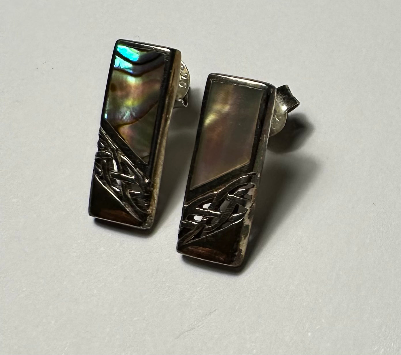 Paul Kennedy silver earrings with abalone shell in box