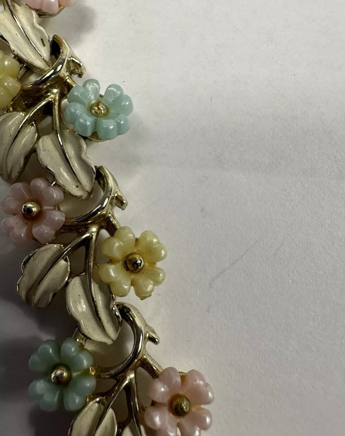 Mid Century Modern floral necklace with pastel enamel over gold toned metal