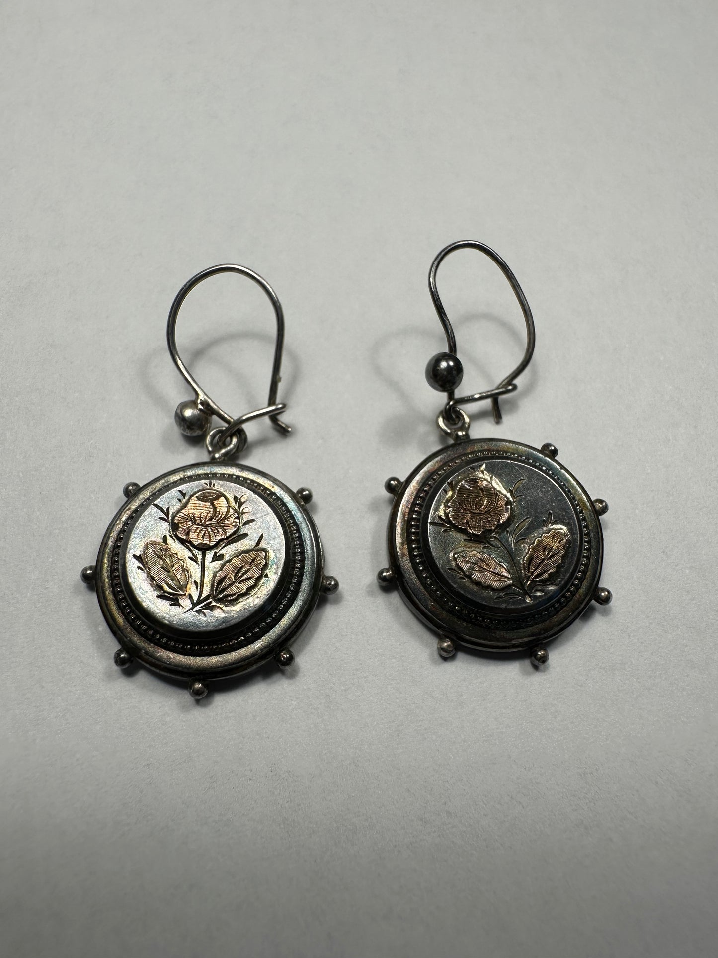 Rare antique silver earrings c. 1880s sterling silver with gold etched rose.