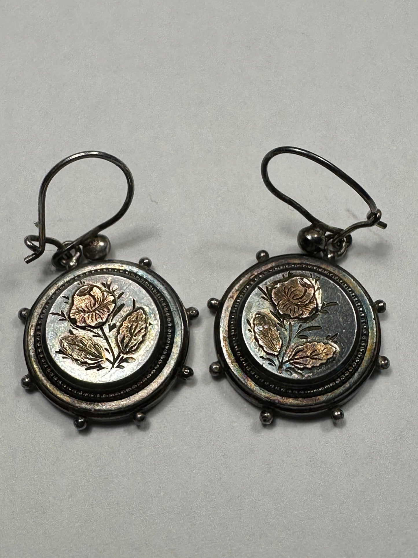 Rare antique silver earrings c. 1880s sterling silver with gold etched rose.