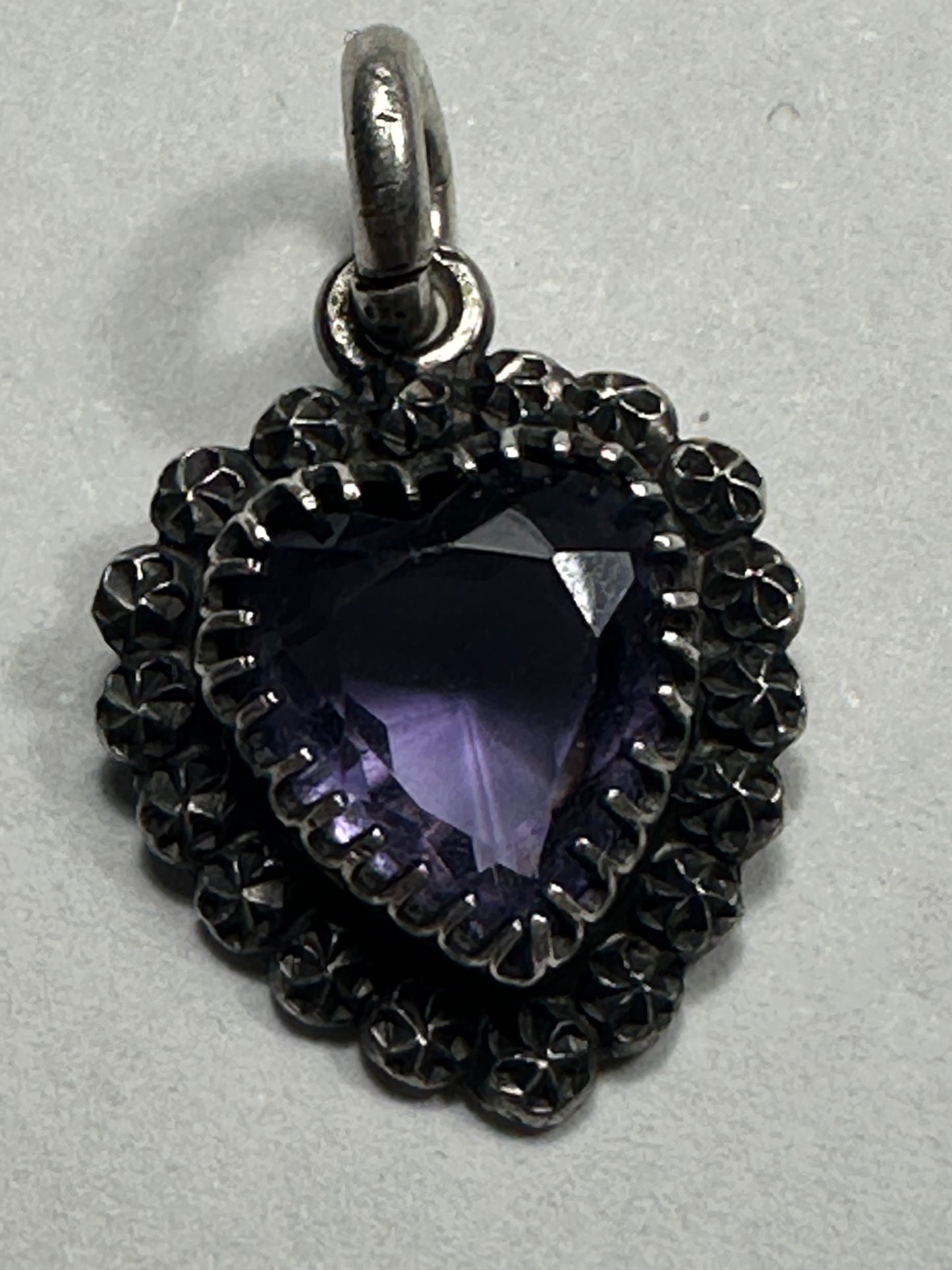 Antique Charles Horner Heart Pendant with rosette details Chester hallmarked from 1900 sterling silver and Amethyst glass