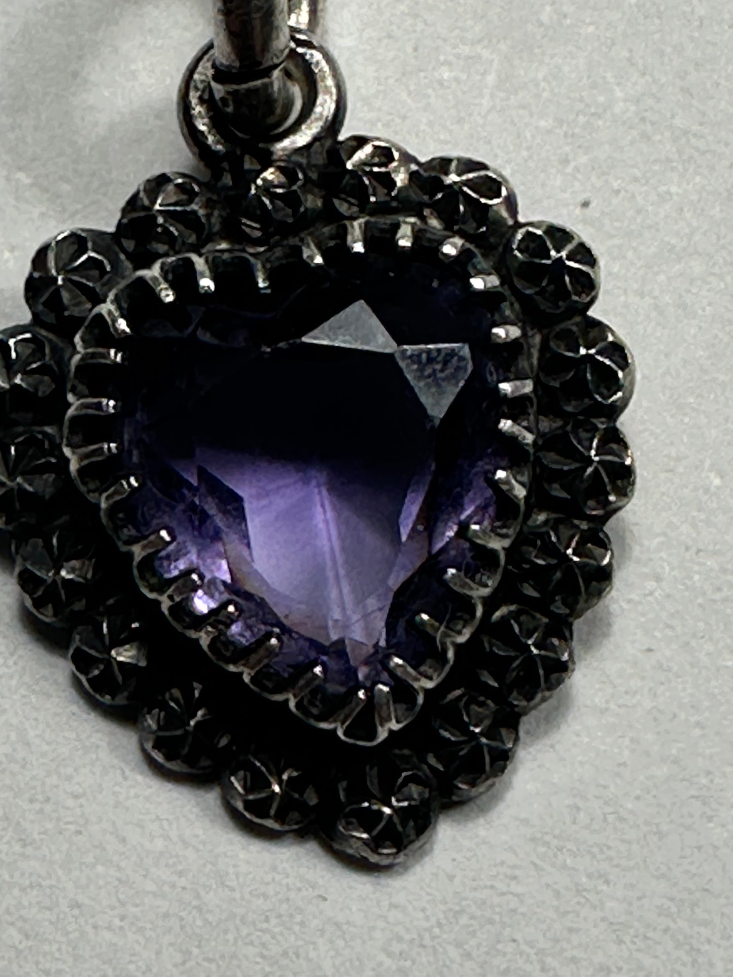 Antique Charles Horner Heart Pendant with rosette details Chester hallmarked from 1900 sterling silver and Amethyst glass