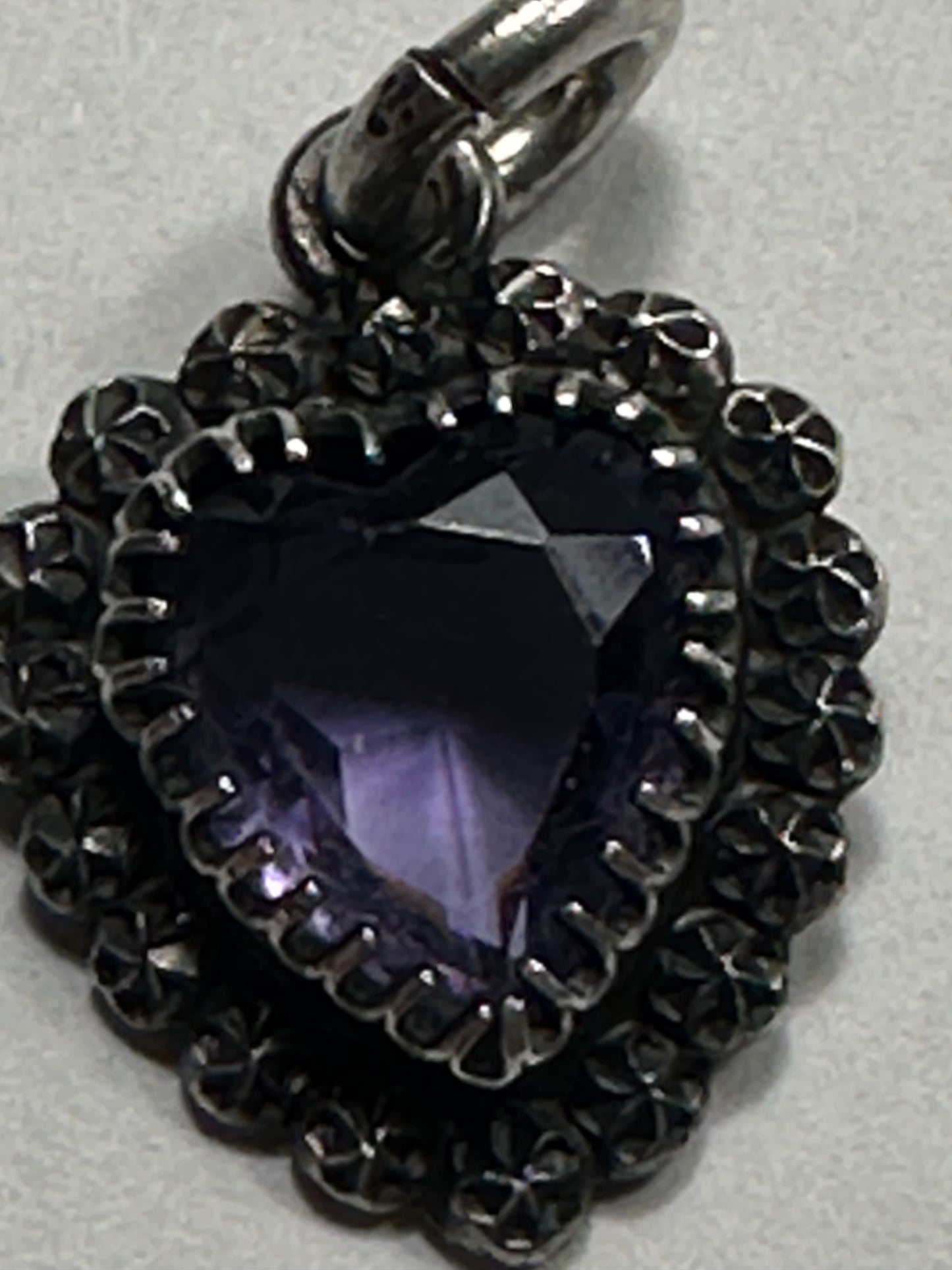 Antique Charles Horner Heart Pendant with rosette details Chester hallmarked from 1900 sterling silver and Amethyst glass